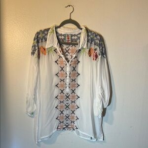 Johnny Was White Colorful Floral Embroidered Tunic Blouse Flowy Boho Large